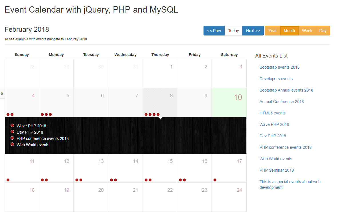 php event calendar with mysql database