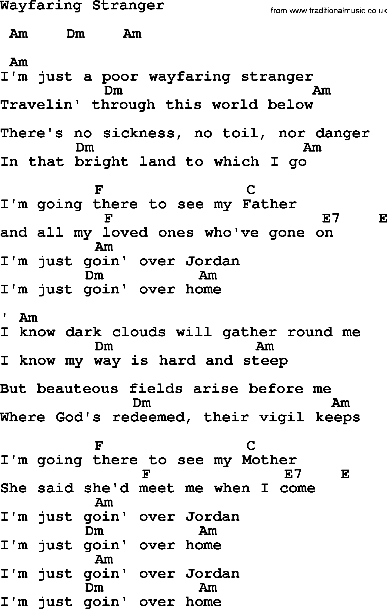 wayfaring stranger lyrics