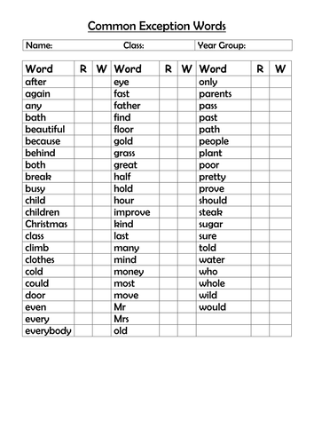 year 2 common exception words list