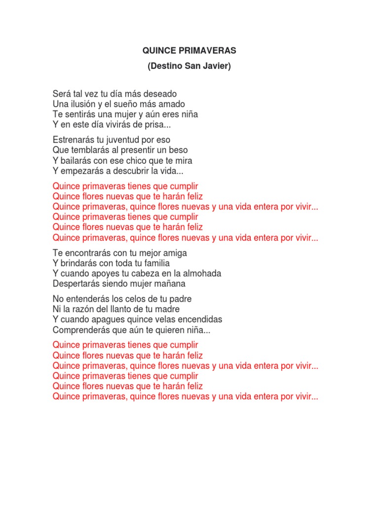 15 primaveras letra