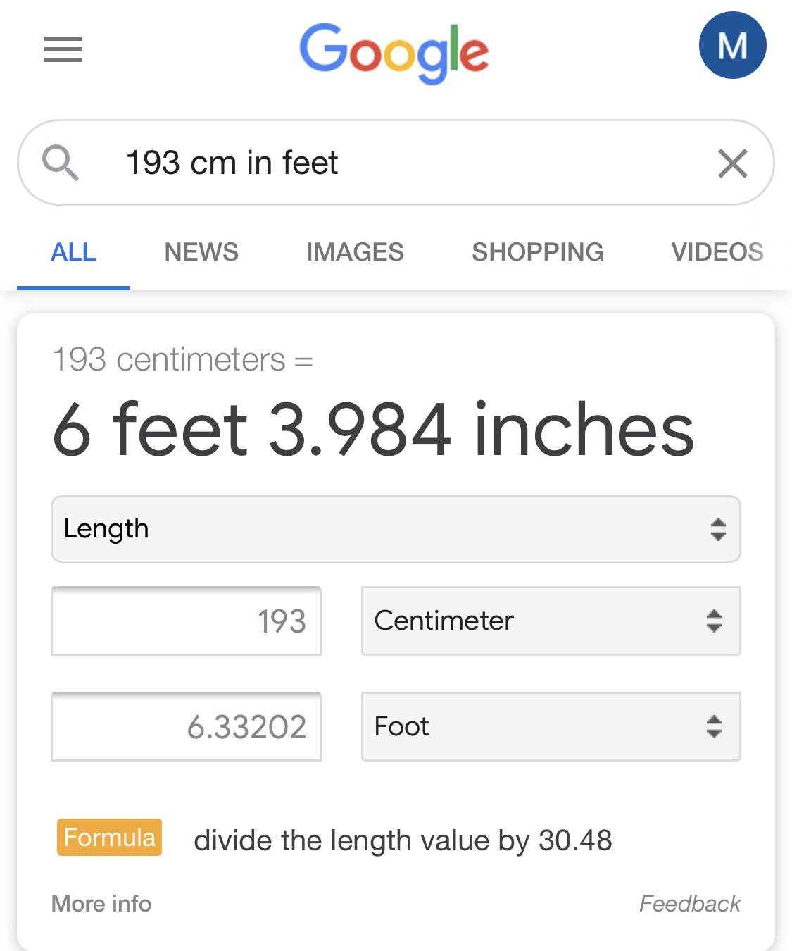 193 cm in feet