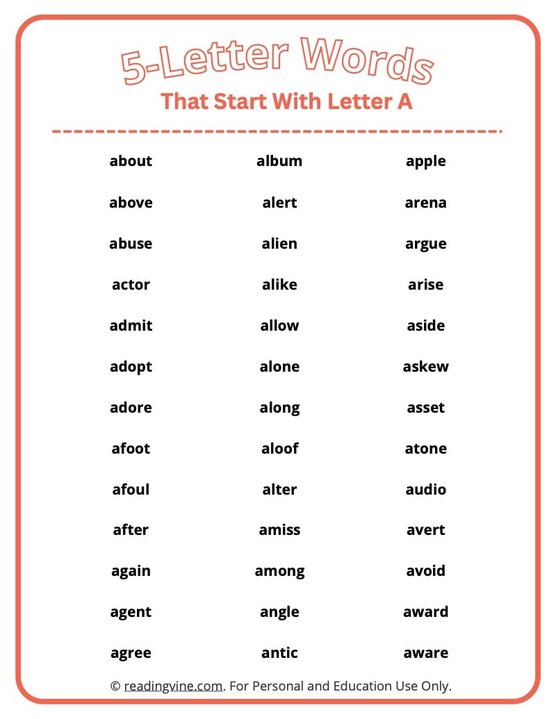 5 letter words with the following letters