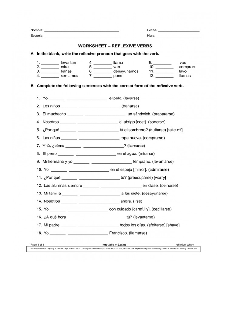 reflexive verbs spanish worksheet