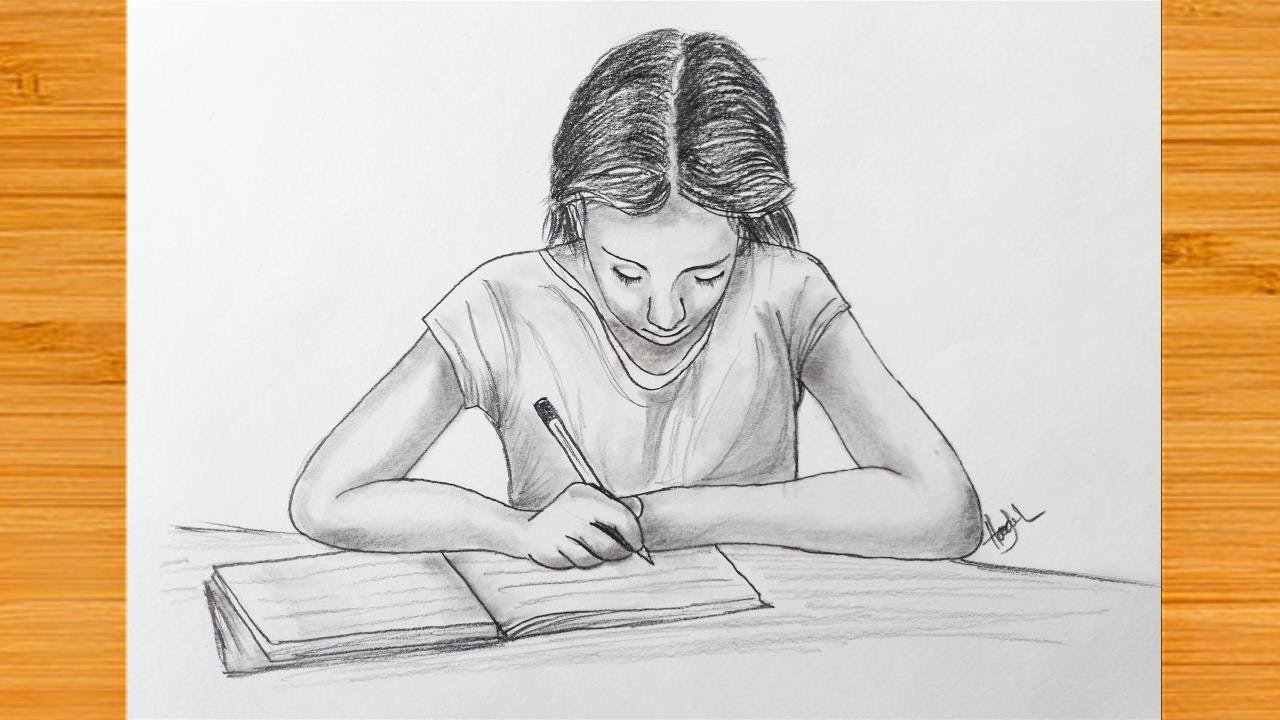 drawing of a girl studying