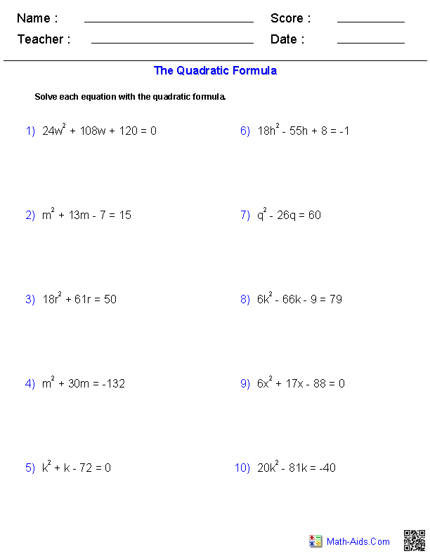 exponential quadratic equations worksheet