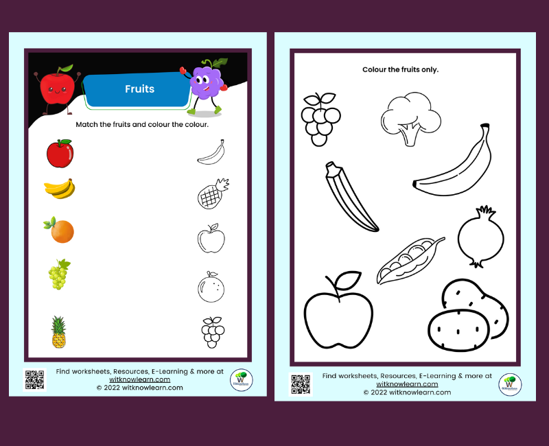 matching fruits and vegetables worksheets for kindergarten