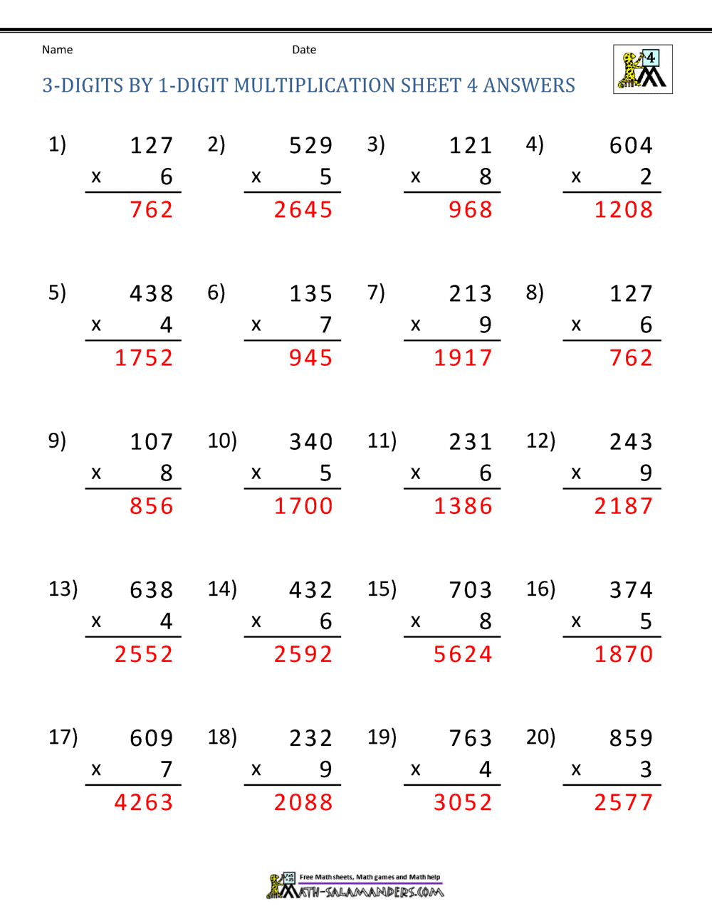 3 digit multiplication with answers