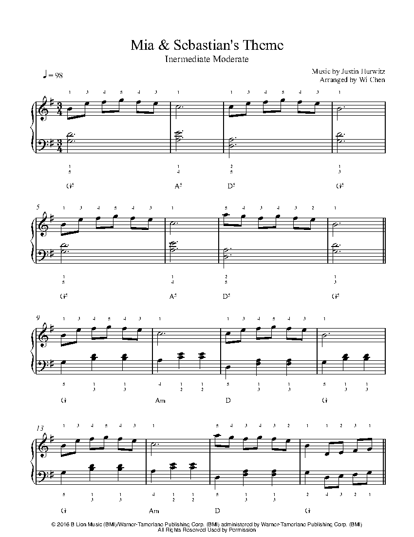 mia & sebastians theme piano sheet music