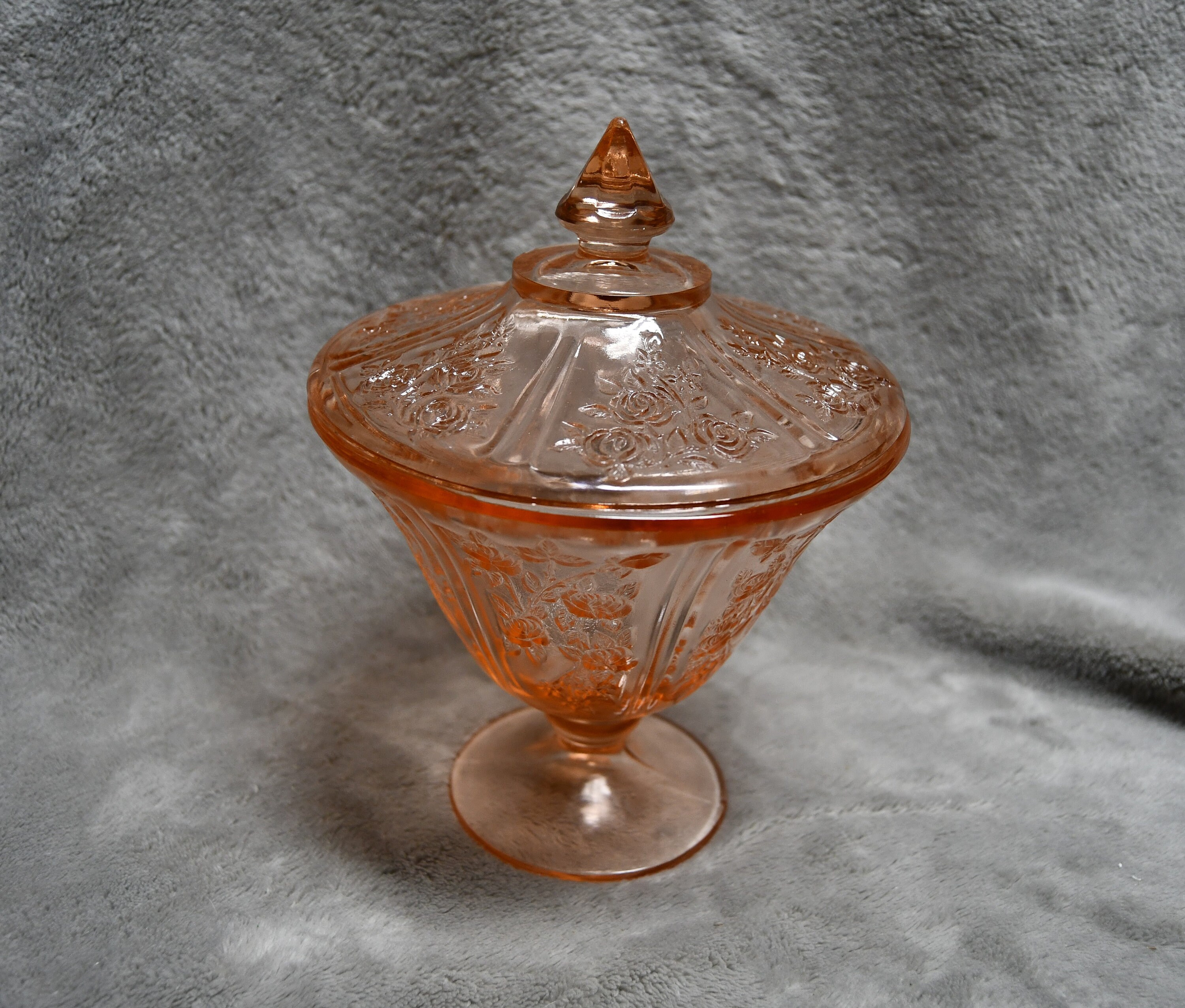 vintage pink depression glass candy dish