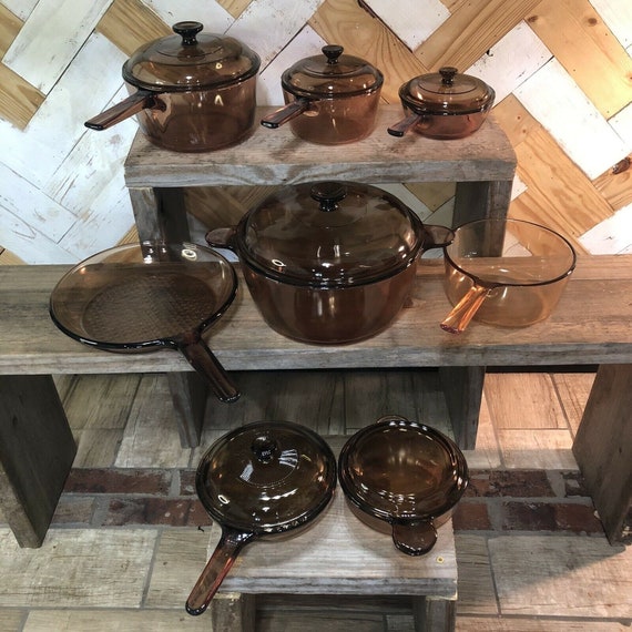 brown glass saucepans