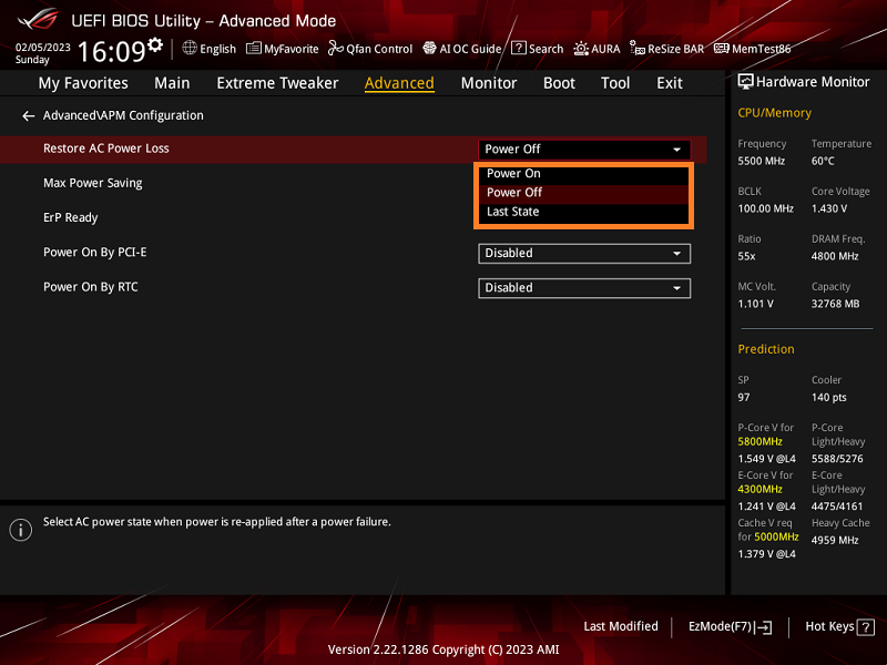 asus restore ac power loss