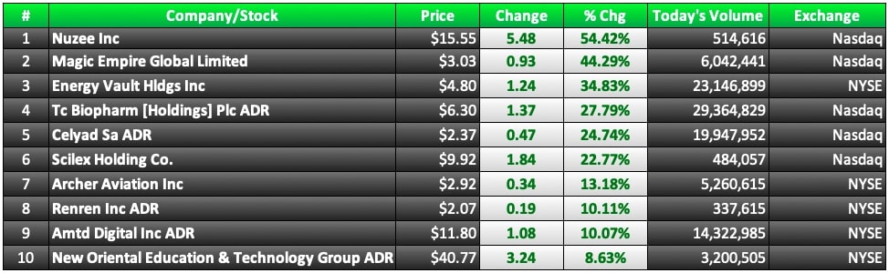 largest stock gainers