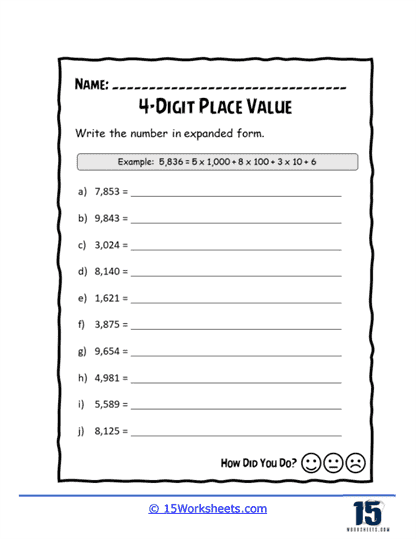 4 digit numbers place value worksheet