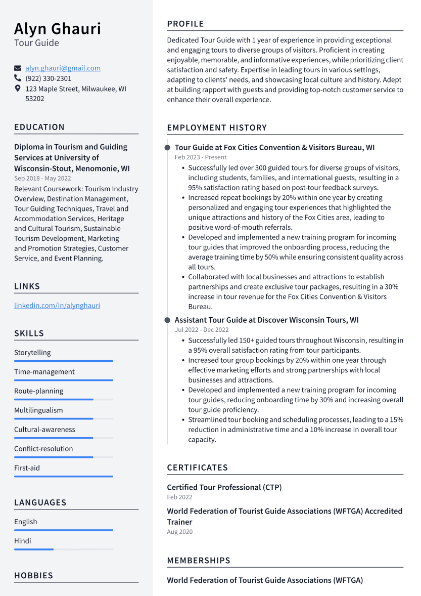 tour guide resume sample