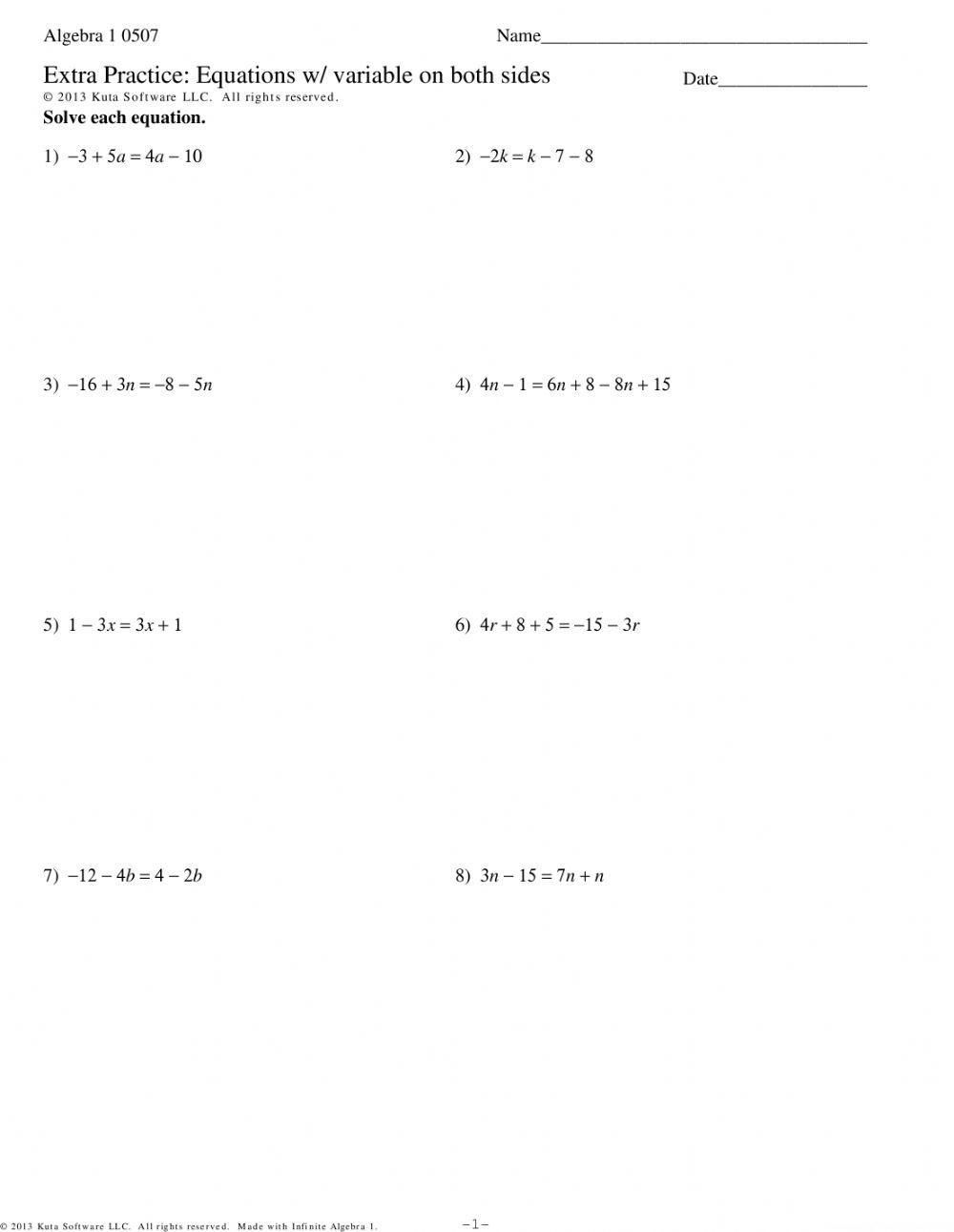 worksheet with variables on both sides