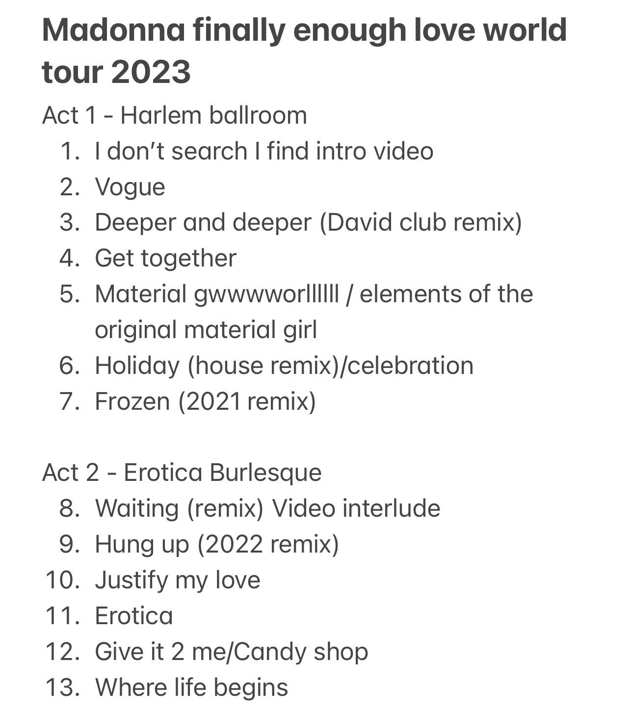 celebration tour setlist