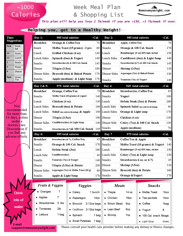 1000 calorie food plan