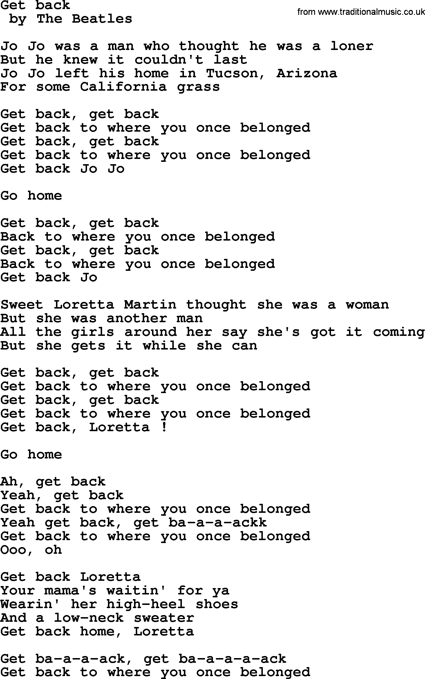 get back lyrics