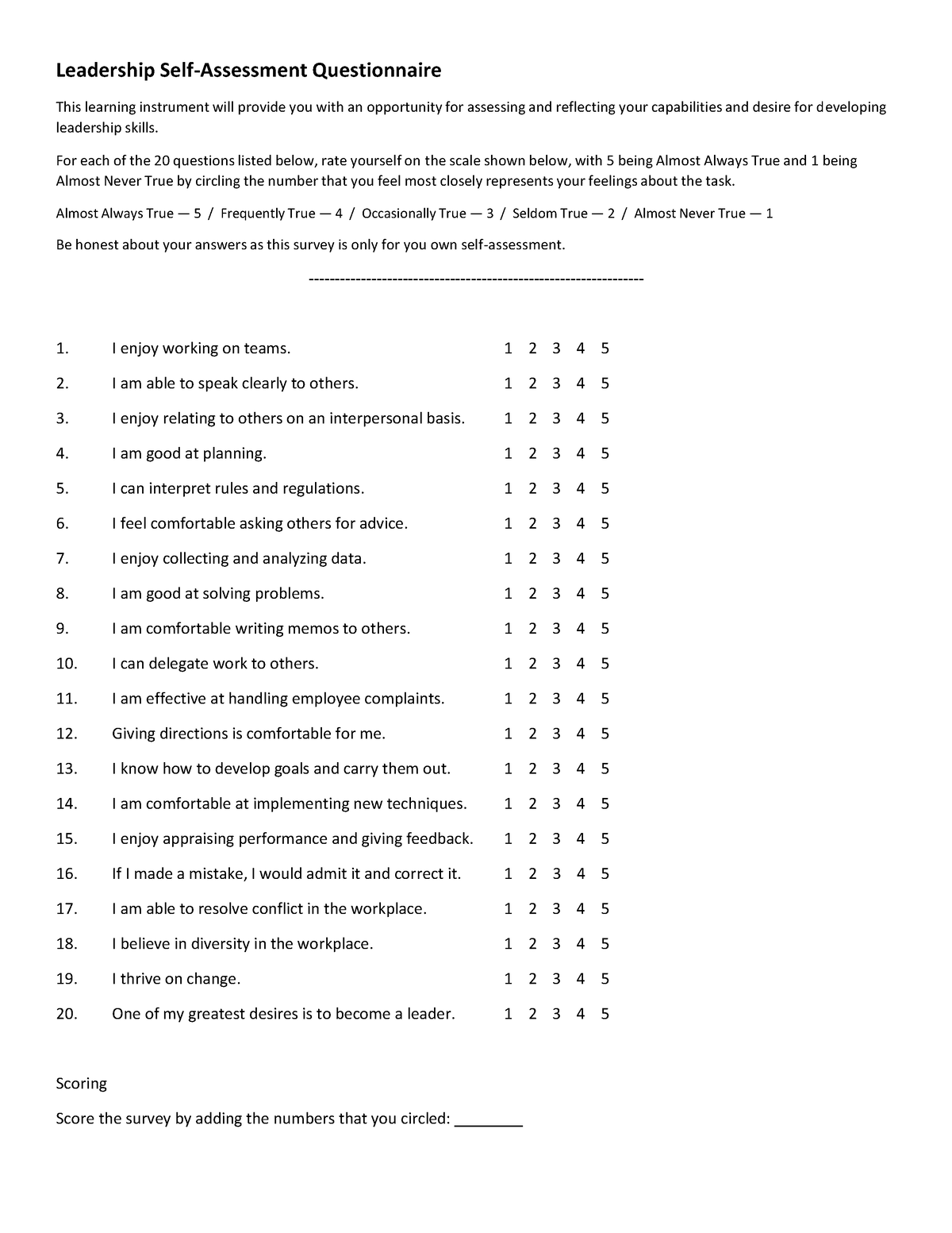 leadership self assessment questionnaire