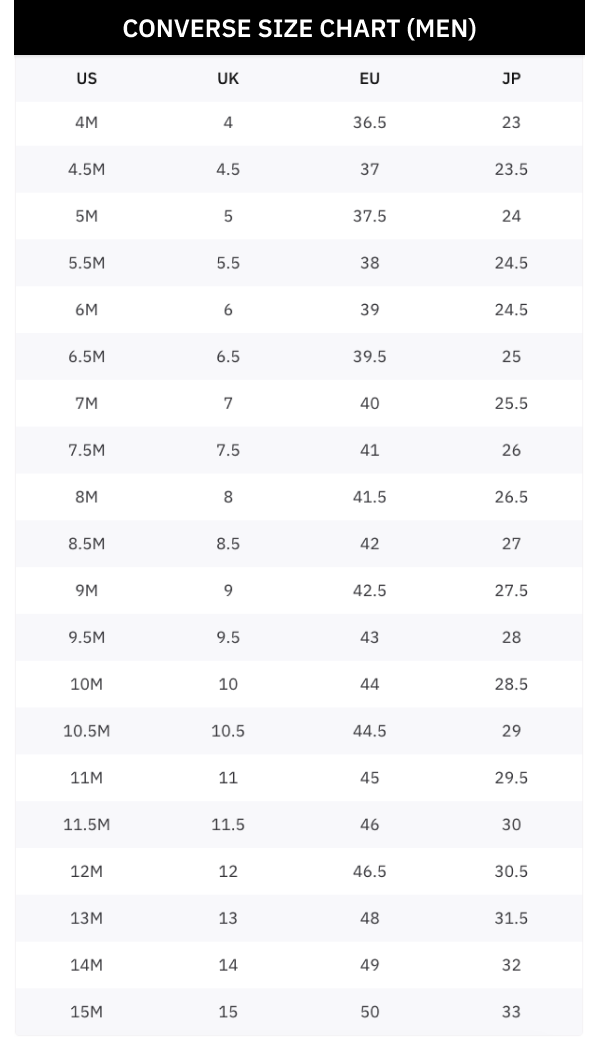 converse sneakers size chart