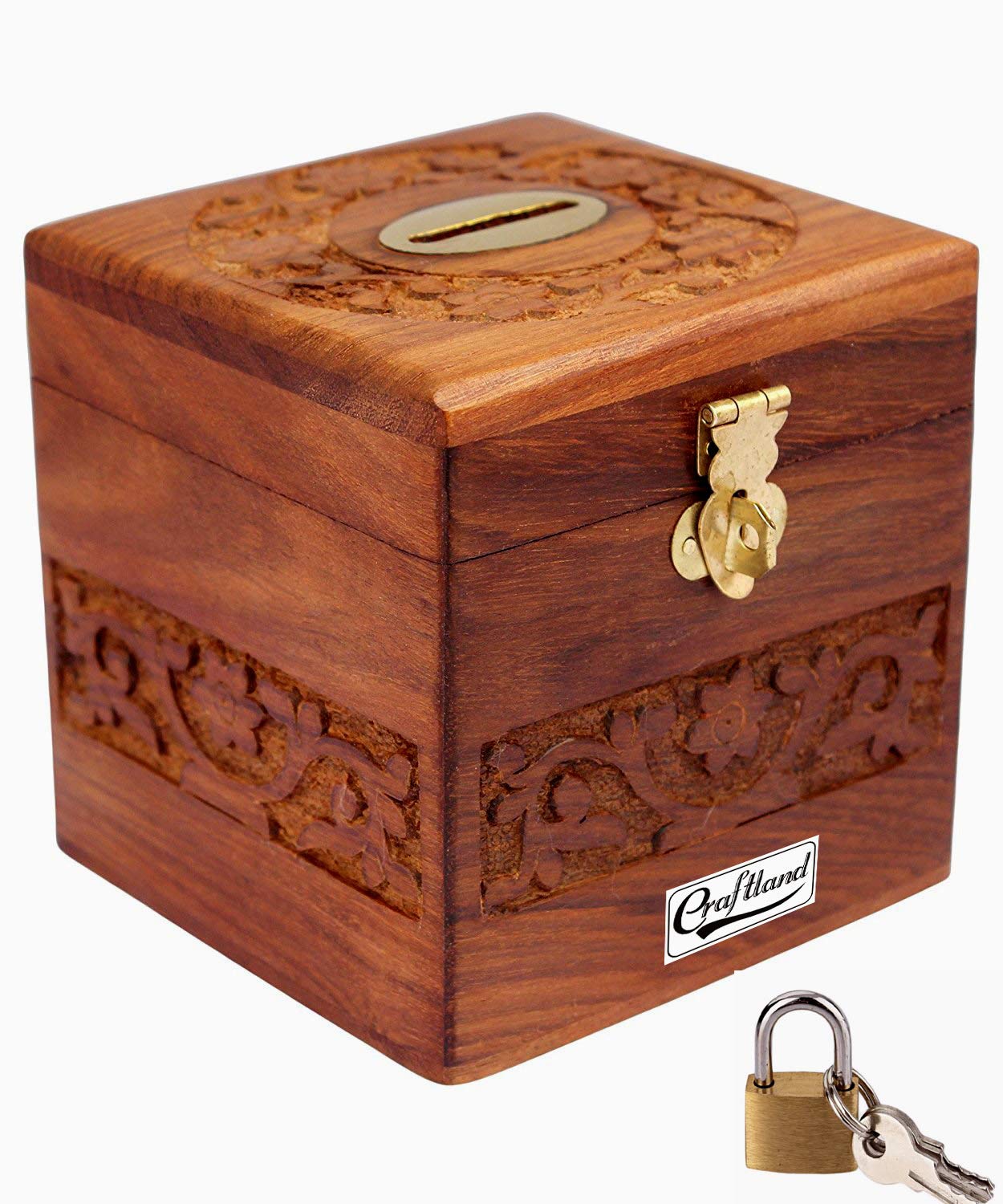 wooden piggy bank with lock