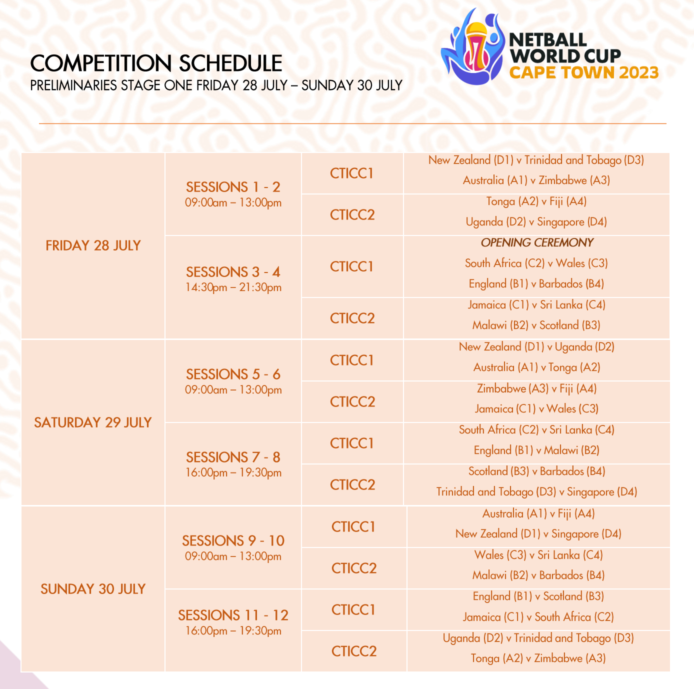 netball world cup england fixtures