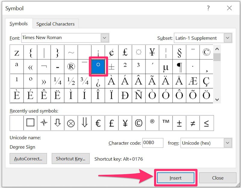 how do you do the degree symbol in word