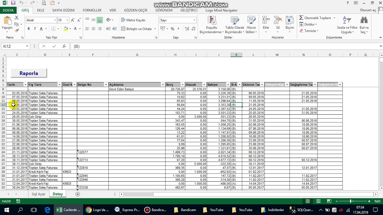 excel cari hesap ekstresi