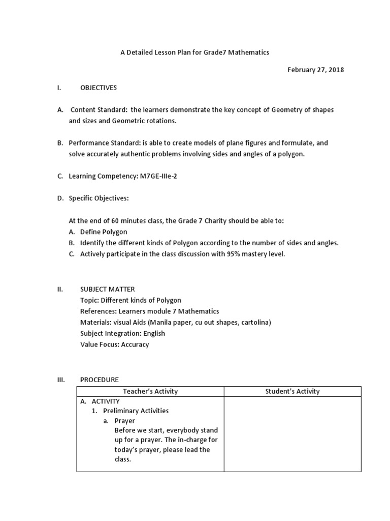 detailed lesson plan about polygons