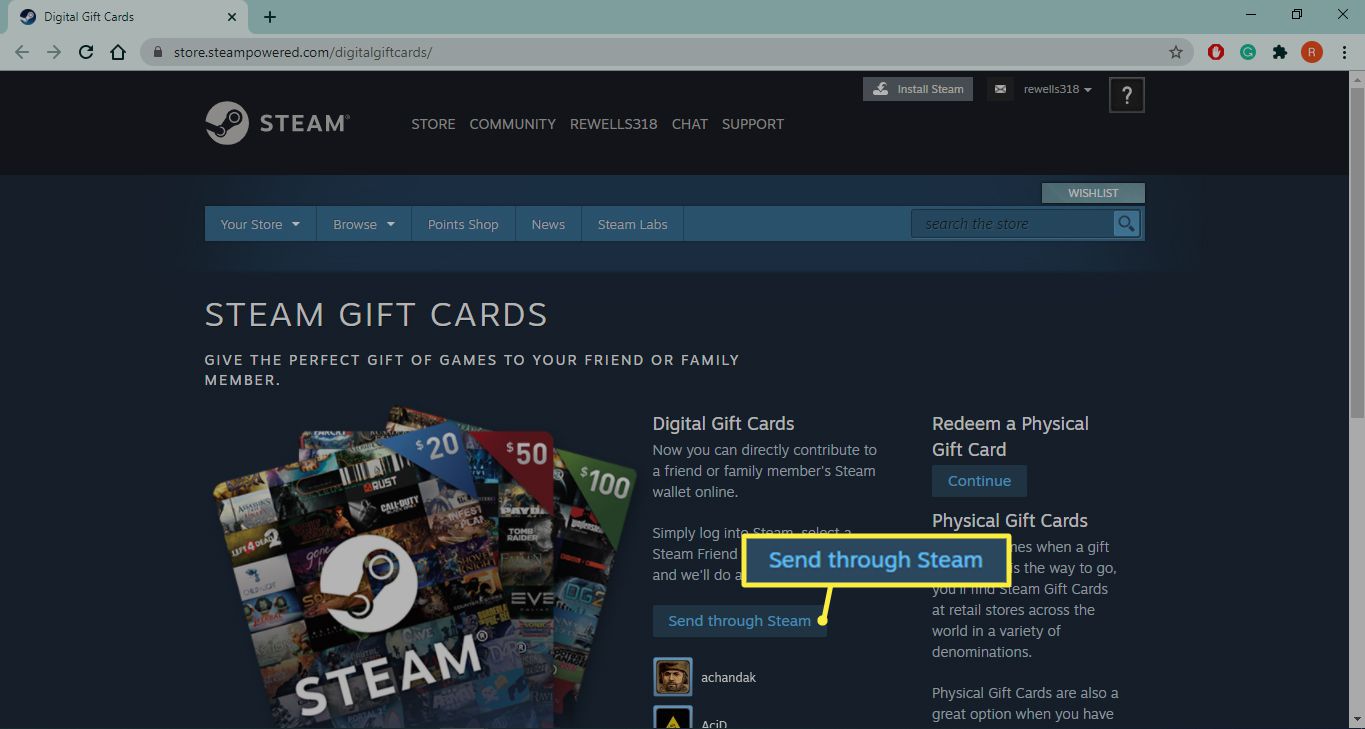 how to send steam gift card