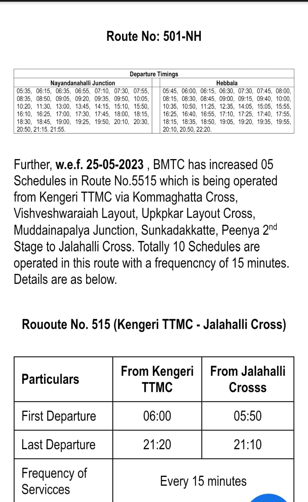 501 bus route bangalore