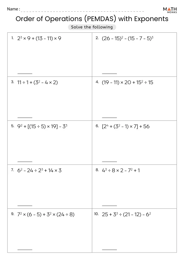 order of operations with exponents worksheet pdf