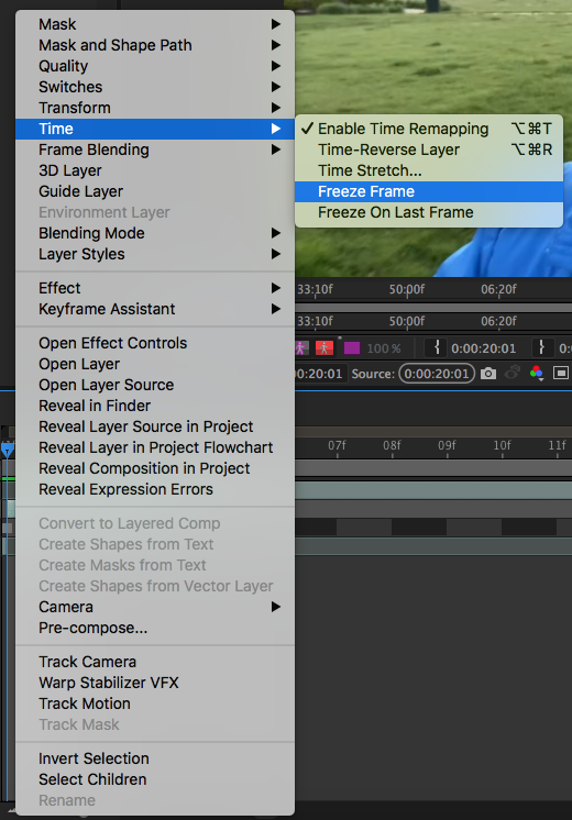 how to freeze a frame in after effects