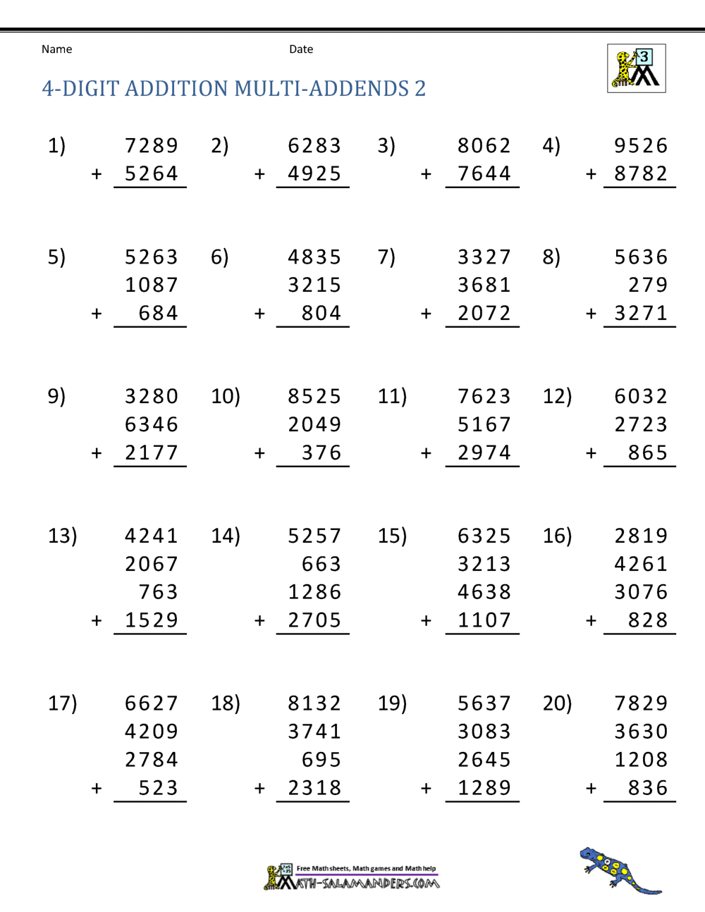 four digits addition worksheet