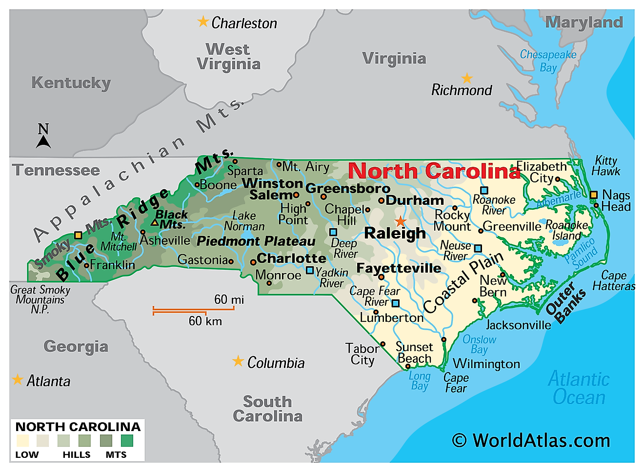 map of north carolina with major cities