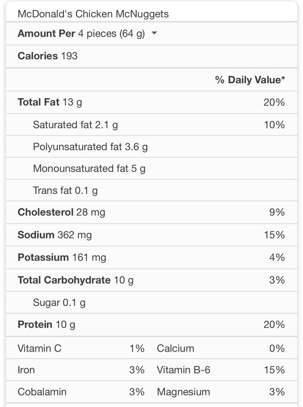 mcchicken nutritional information