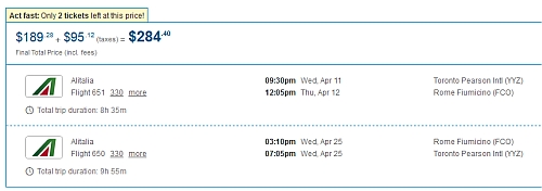 non stop flights from toronto to rome italy