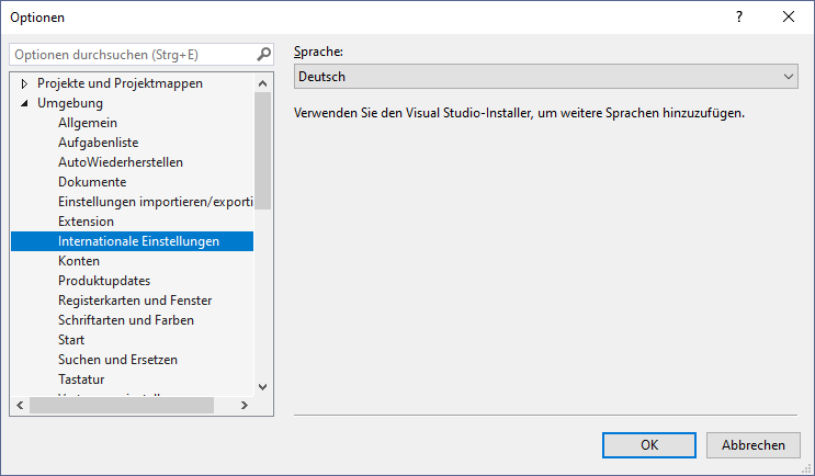 visual studio change language