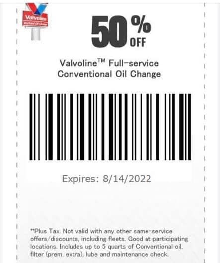 valvoline 50 percent off conventional oil change coupon