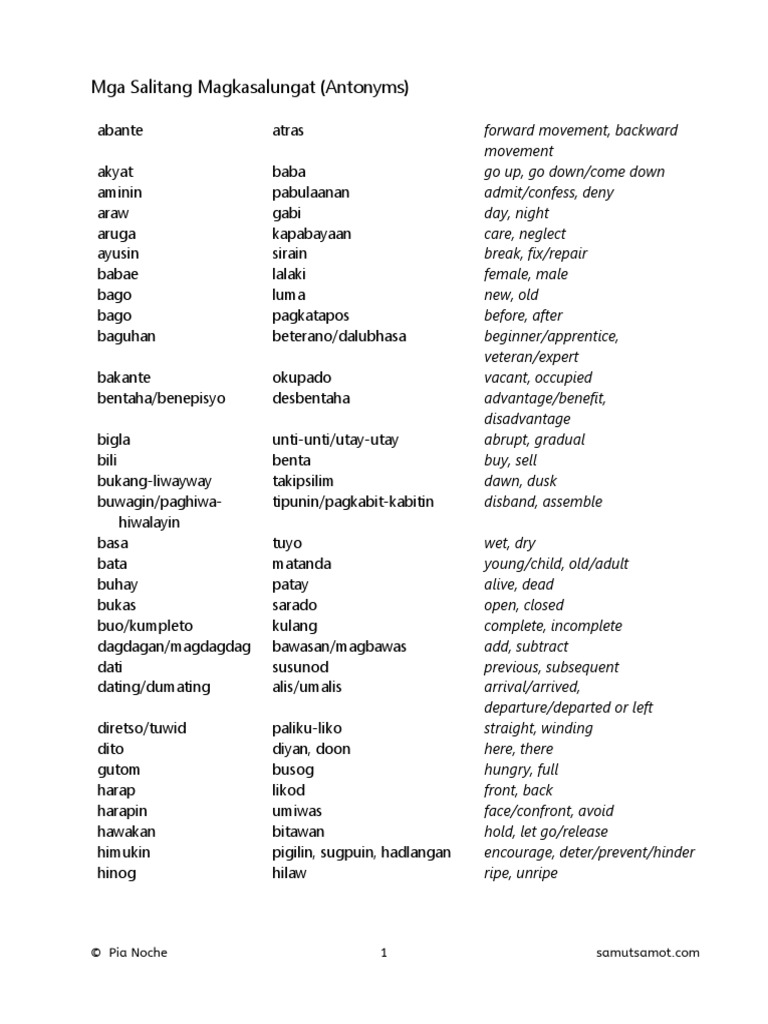 tagalog synonyms and antonyms