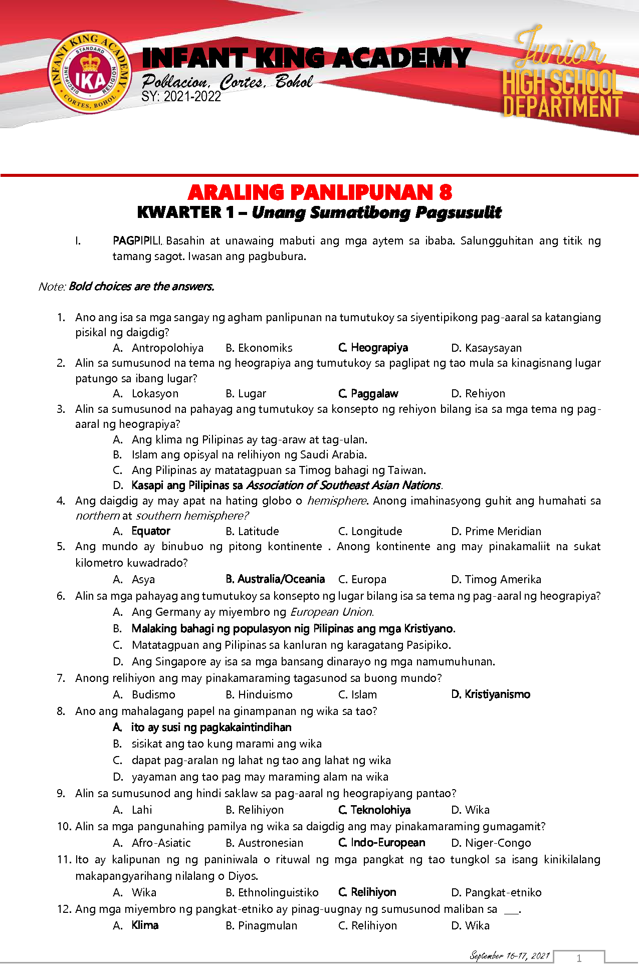 araling panlipunan multiple choice questions