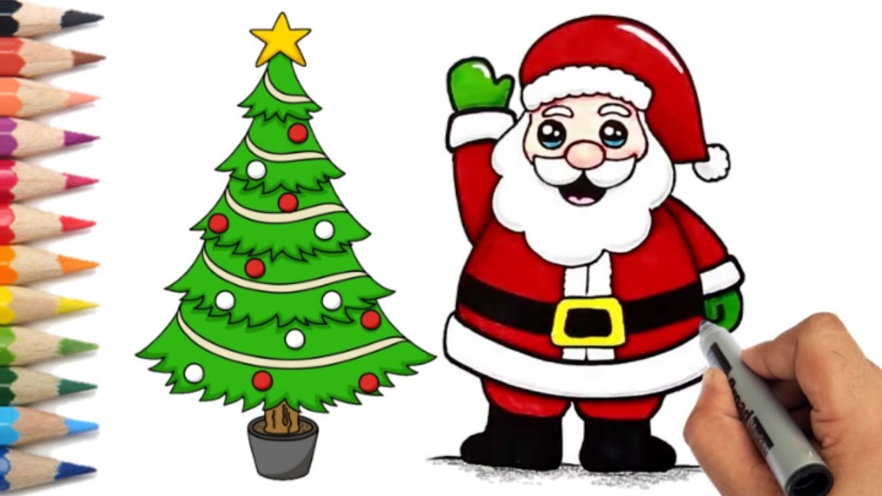 santa claus christmas tree drawing