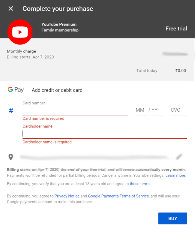 youtube premium family different address