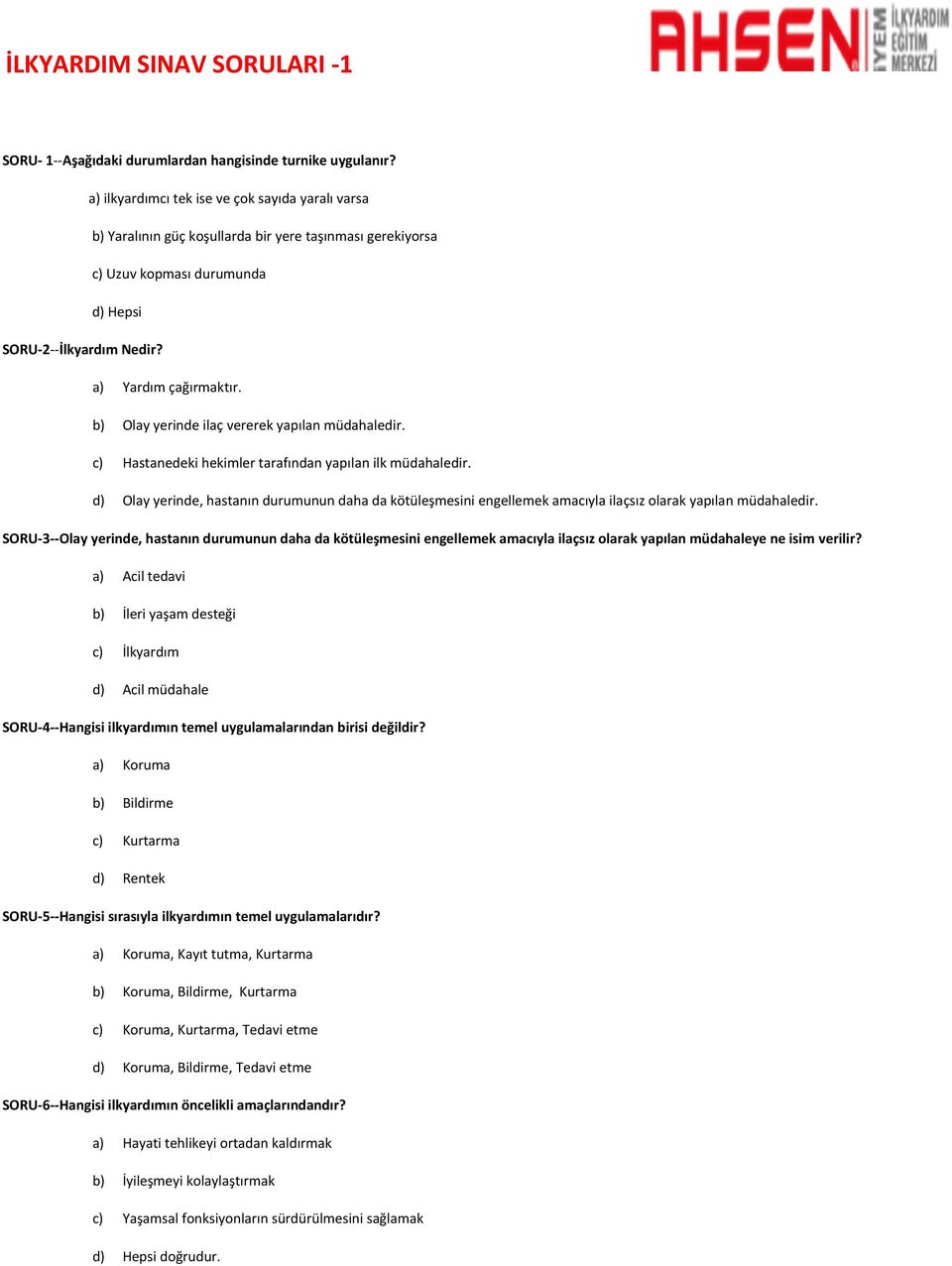 ilk yardım soruları ve cevapları pdf