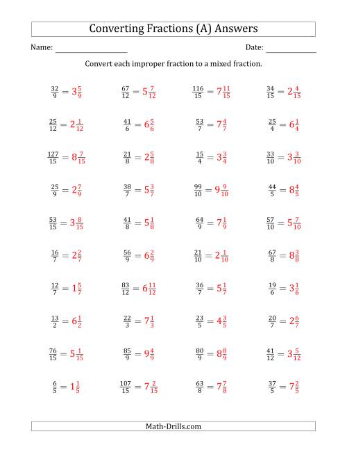 fractions improper to mixed worksheets