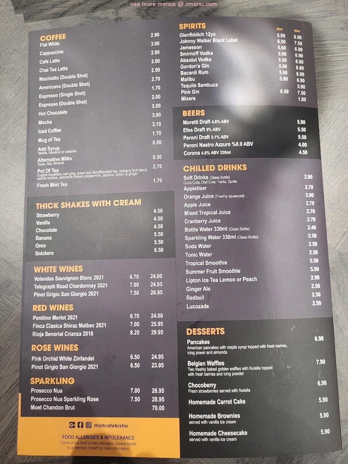 mist cafe bistro menu