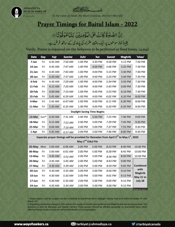 ahmadiyya prayer timings