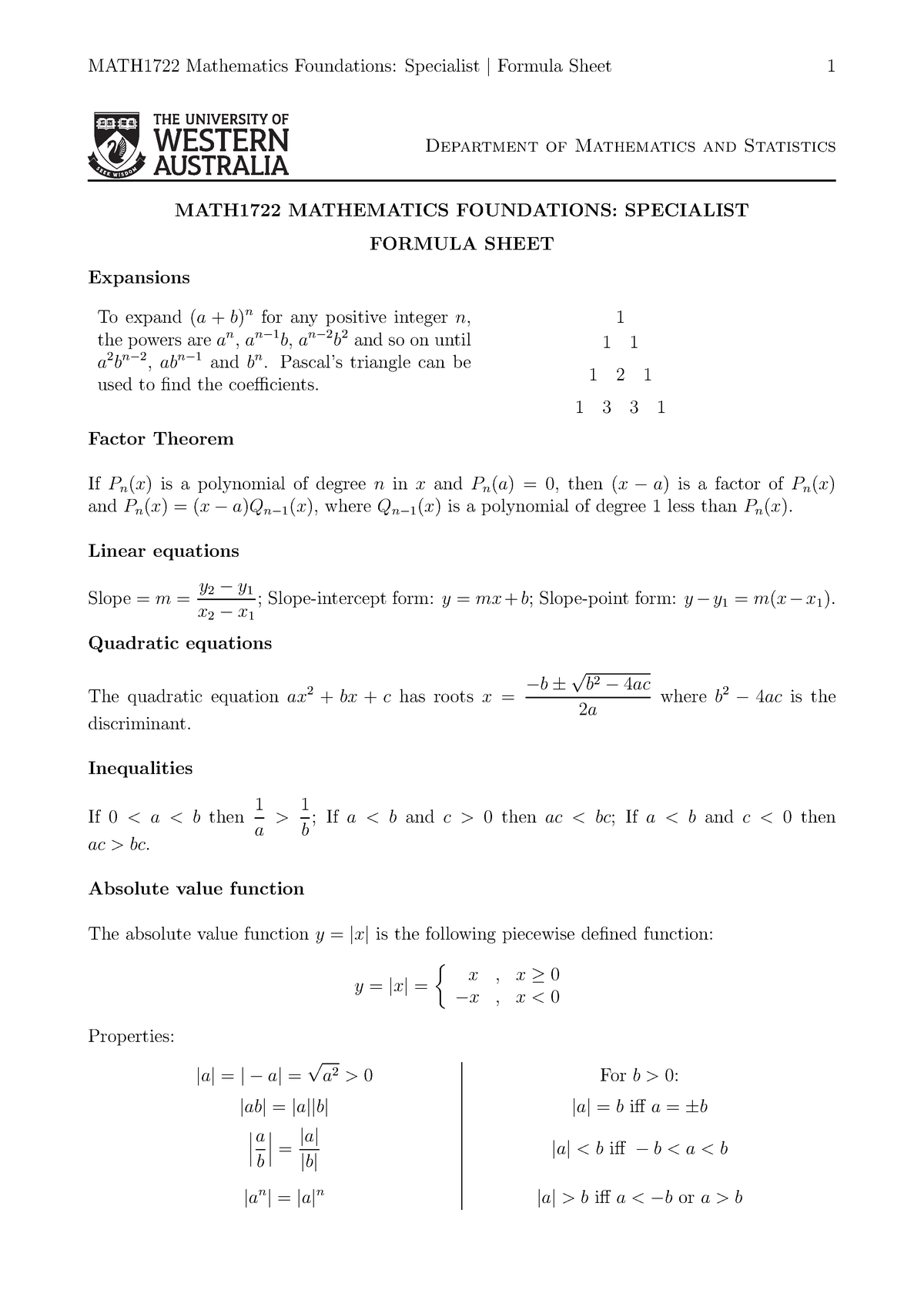 maths specialist formula sheet