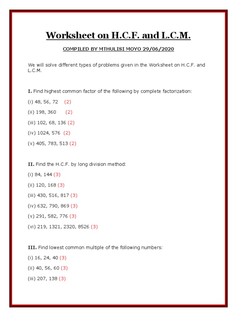 hcf by division method worksheets