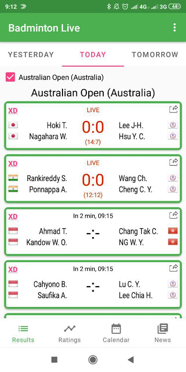 badminton live score